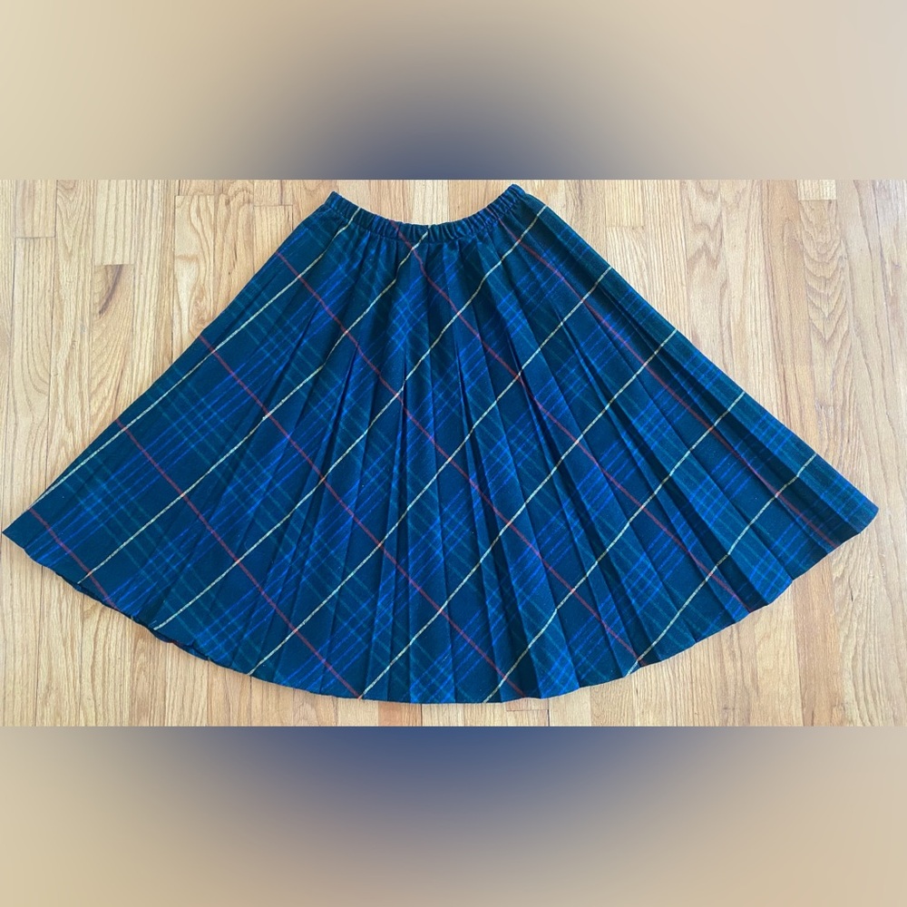 Vintage 80s Pleated Plaid Wool Skirt *Size 12* GREEN Full Midi Circle Skirt